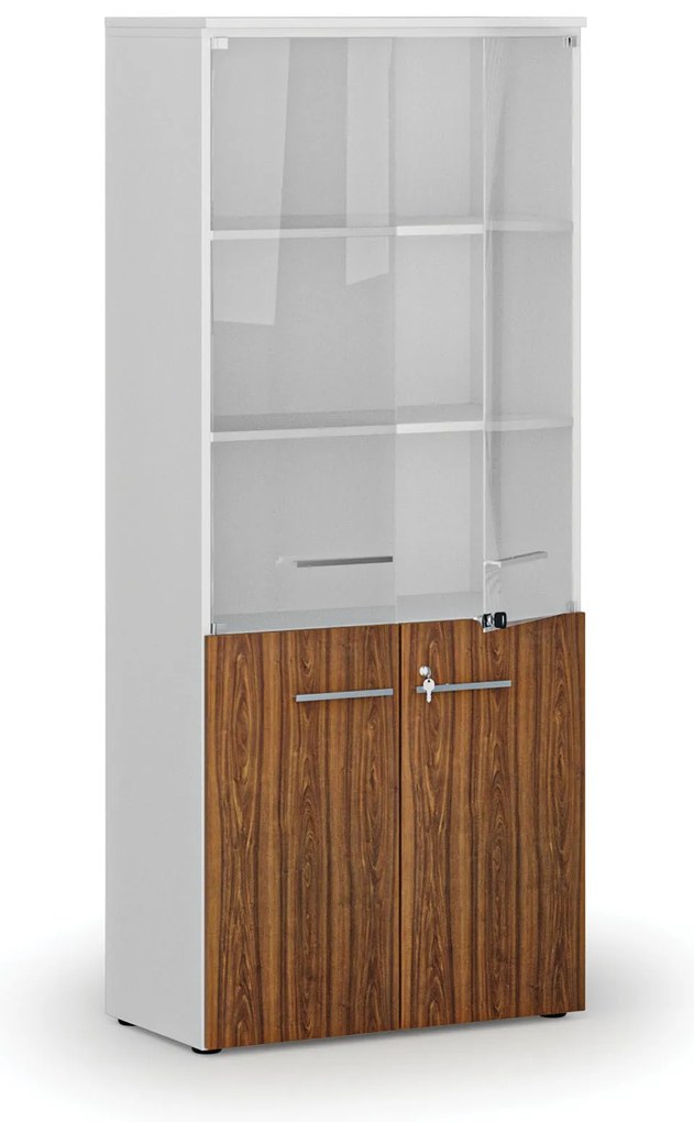 Szafa biurowa kombinowana PRIMO WHITE z drzwiami drewnianymi i szklanymi, 800 x 420 x 1781 mm, biały/orzech