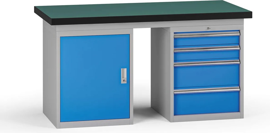 Stół warsztatowy G8, 1500 x 750 x 800 mm, 1x szafka, 1x kontener, 4x szuflada, niebieski