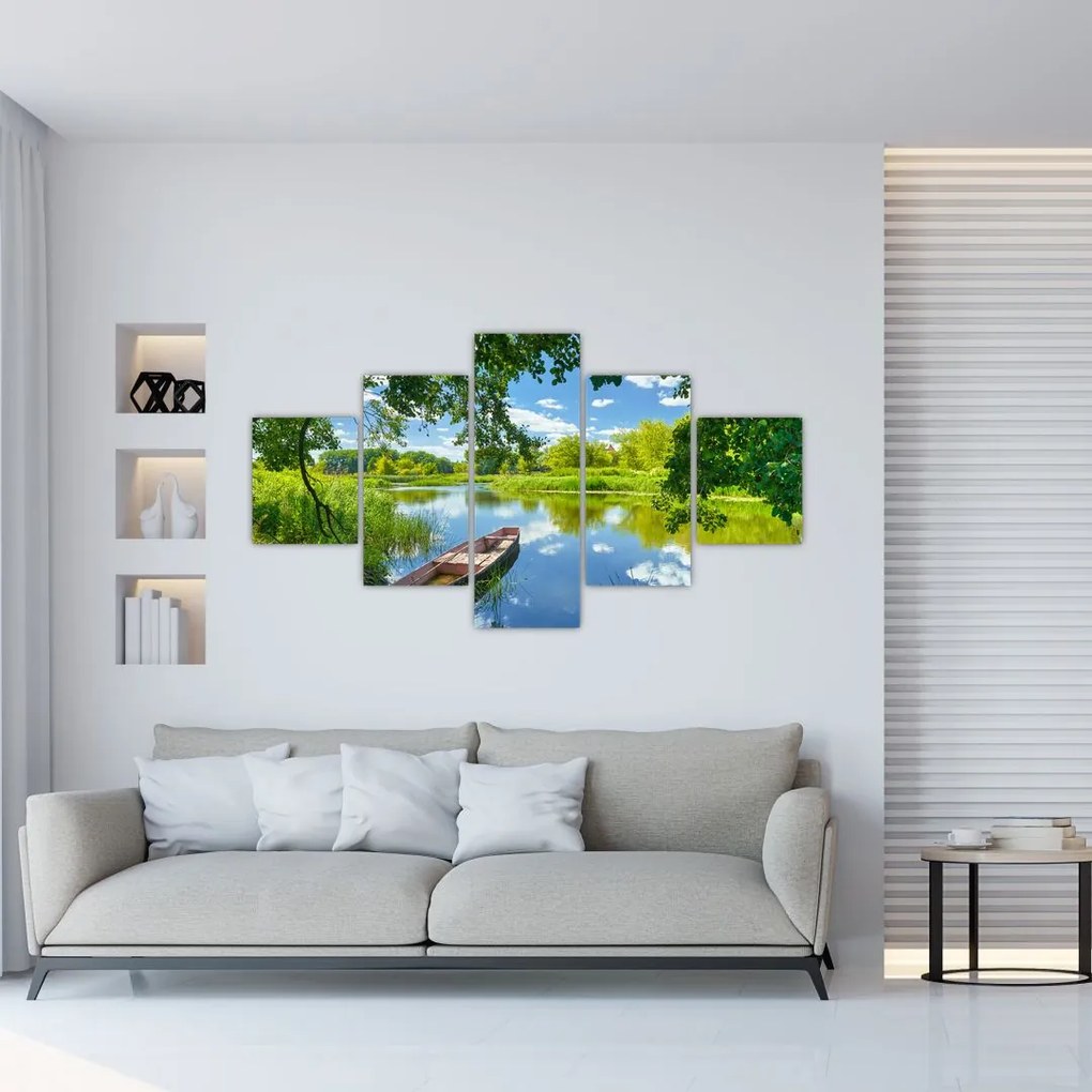 Obraz letniej rzeki z łodzią (125x70 cm)