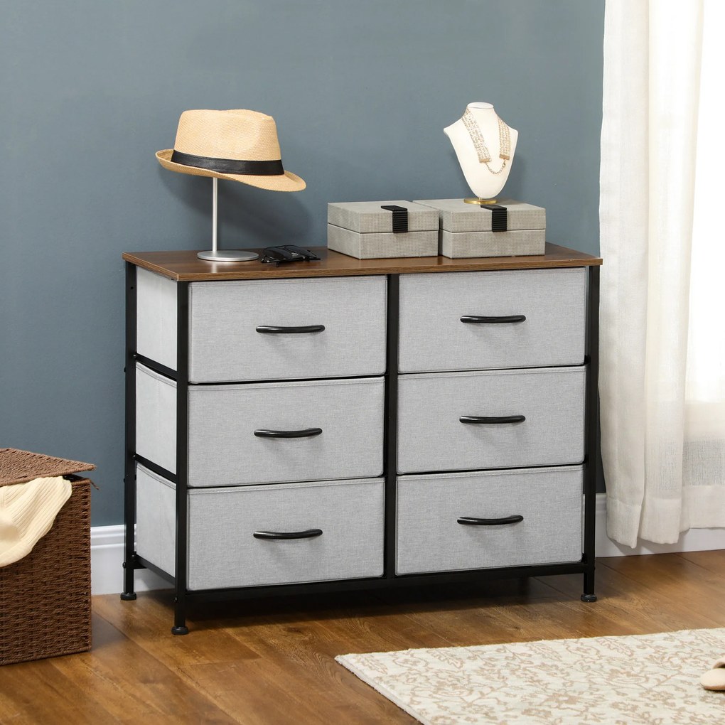 HOMCOM Komoda Sideboard, 6 Szuflad, Szuflady Materiałowe, 80 cm x 30 cm x 62,5 cm, Brąz + Czarny + Szary