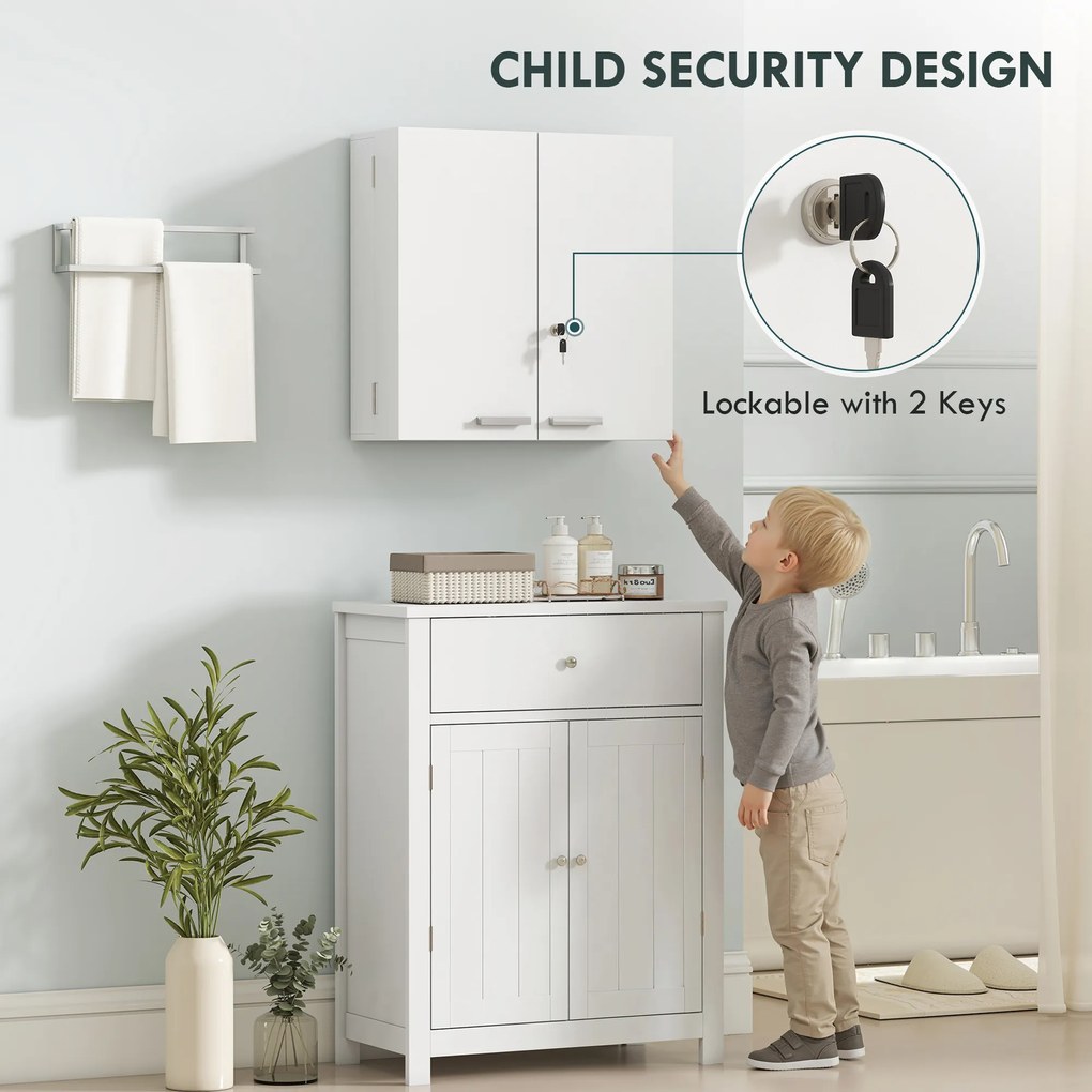 HOMCOM Zamykana szafka na leki 2-drzwiowa wisząca szafka z 11 przegródkami 2 klucze, 53 x 20 x 53 cm, Biały | Aosom PL