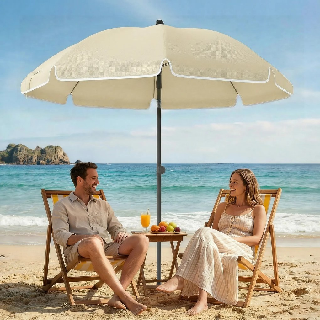 Outsunny Parasol plażowy Ø150 cm wodoodporny składany parasol z regulacją kąta nachylenia, torba do przenoszenia, kotwa do piasku, beżowy | Aosom PL