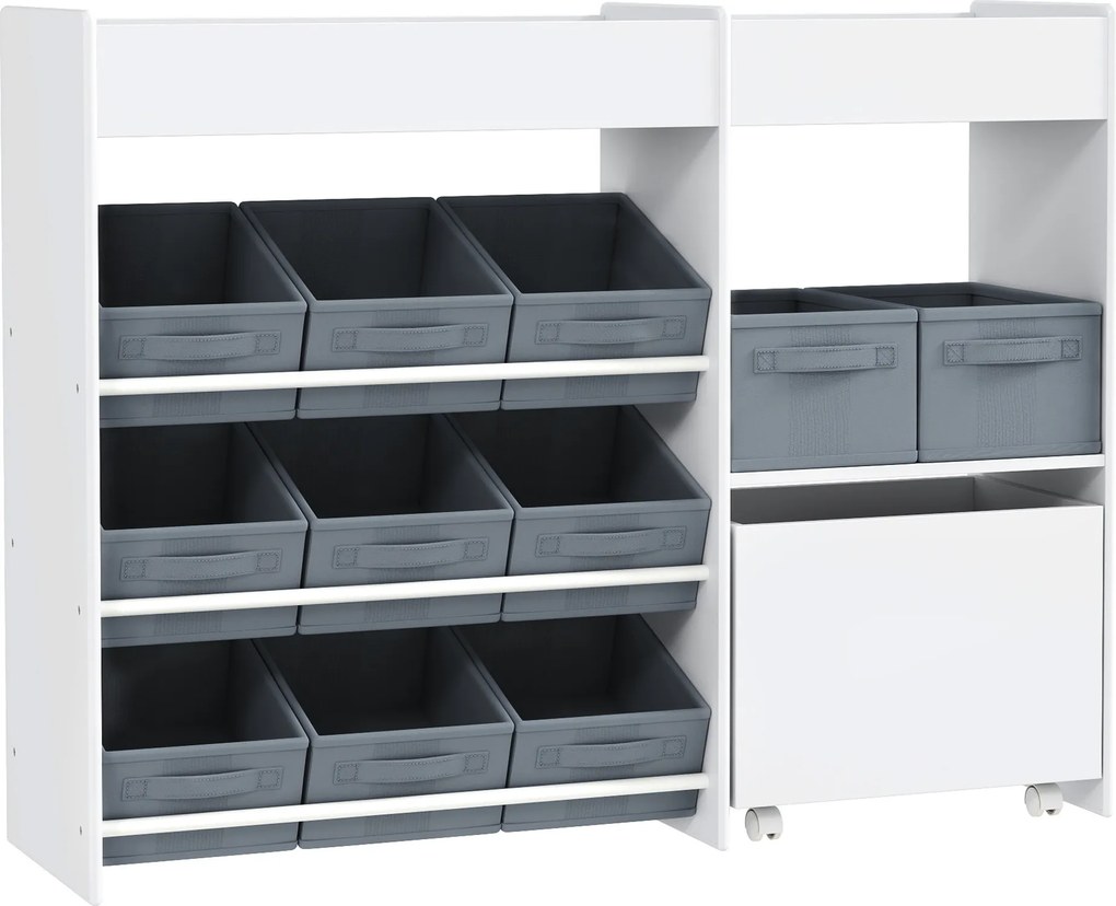 AIYAPLAY Regał do przechowywania dla dzieci, Szafka na zabawki dla dzieci z 11 pudełkami z tkaniny, górnymi półkami, 3 naklejkami, Biały