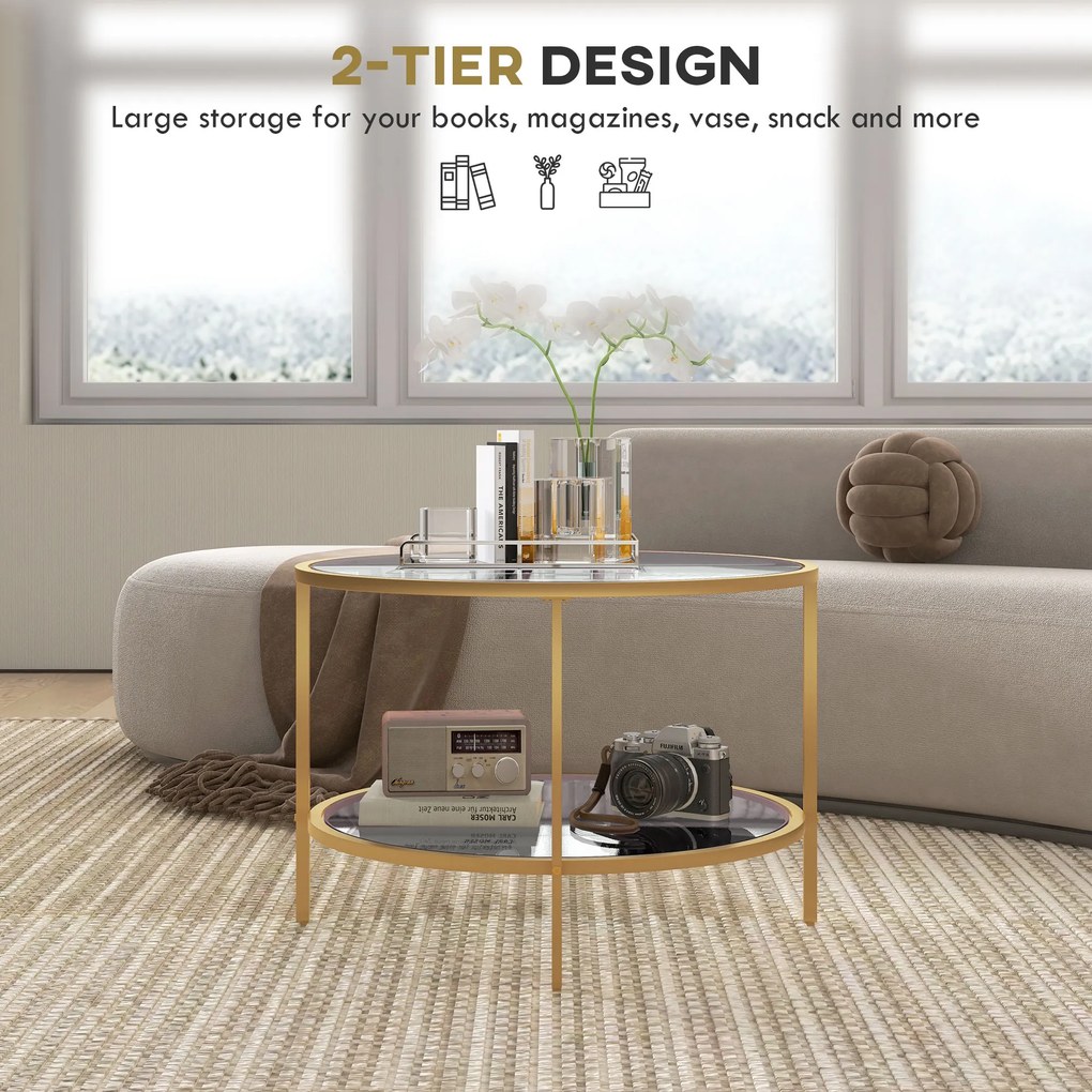 HOMCOM Stolik pomocniczy, nowoczesne wzornictwo, 2 poziomy, Ø60x43H cm, odcień złota