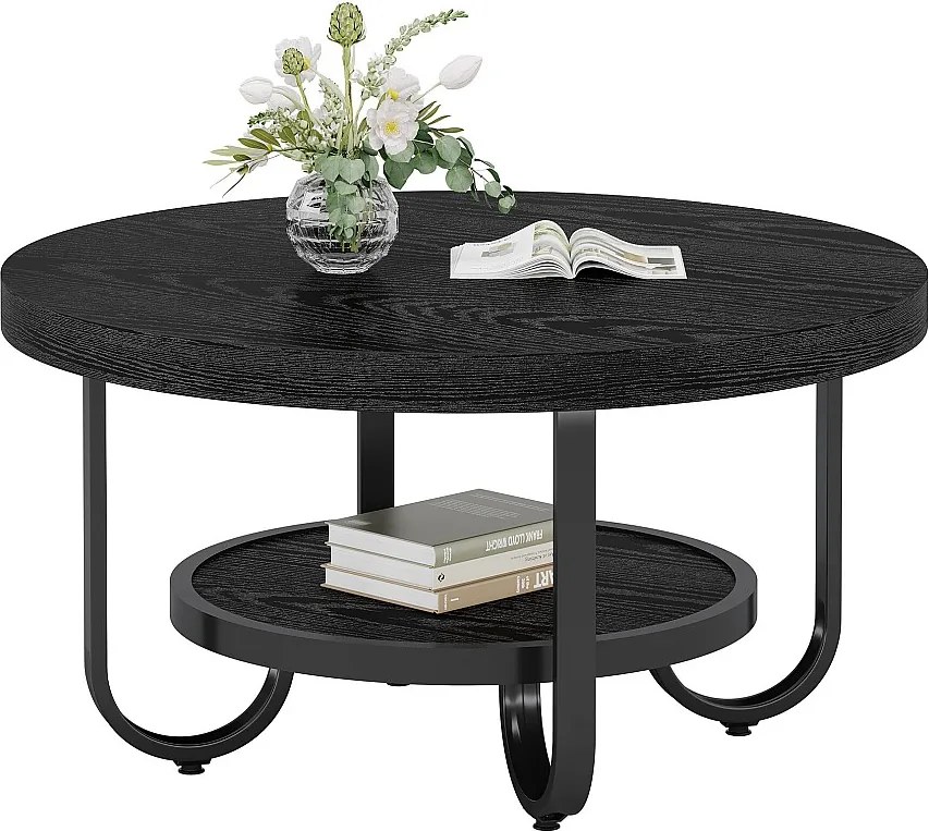 Dwupoziomowy okrągły stolik kawowy z półką do przechowywania w salonie, czarny