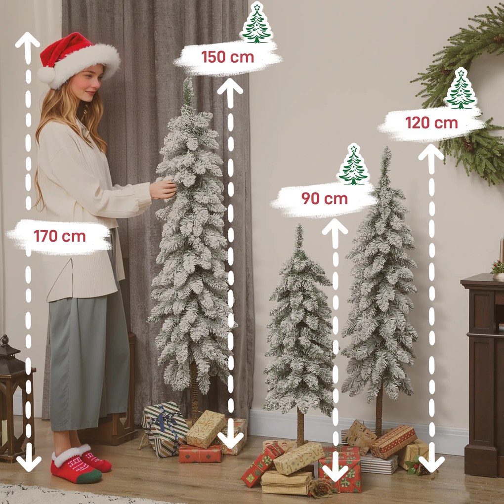 HOMCOM 3‑cz. zestaw śnieżnych sztucznych choinek 90/120/150 cm — metalowe podstawy, ognioodporne