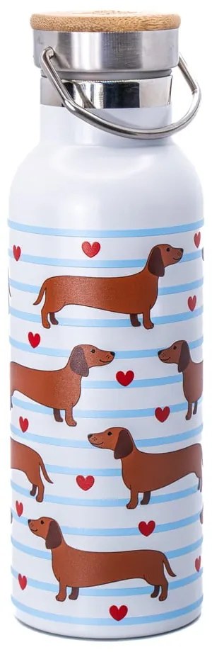 Jasnoniebiesko-brązowa podróżna butelka ze stali nierdzewnej 425 ml Sausage Dog – Sass &amp; Belle