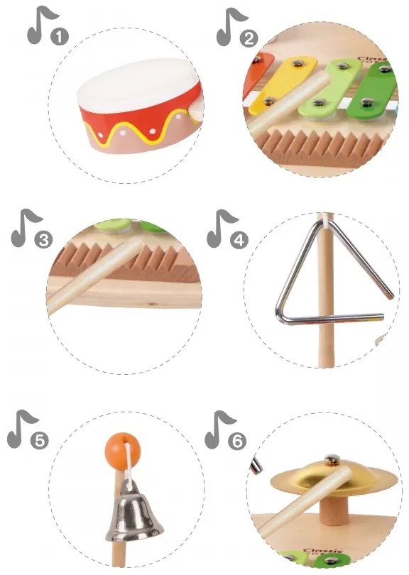 Classic world zestaw instrumenty muzyczne dla dzieci ksylofon tarka cymbałki bębenki talerz pałeczki trójkąt dzwonek 9 el.