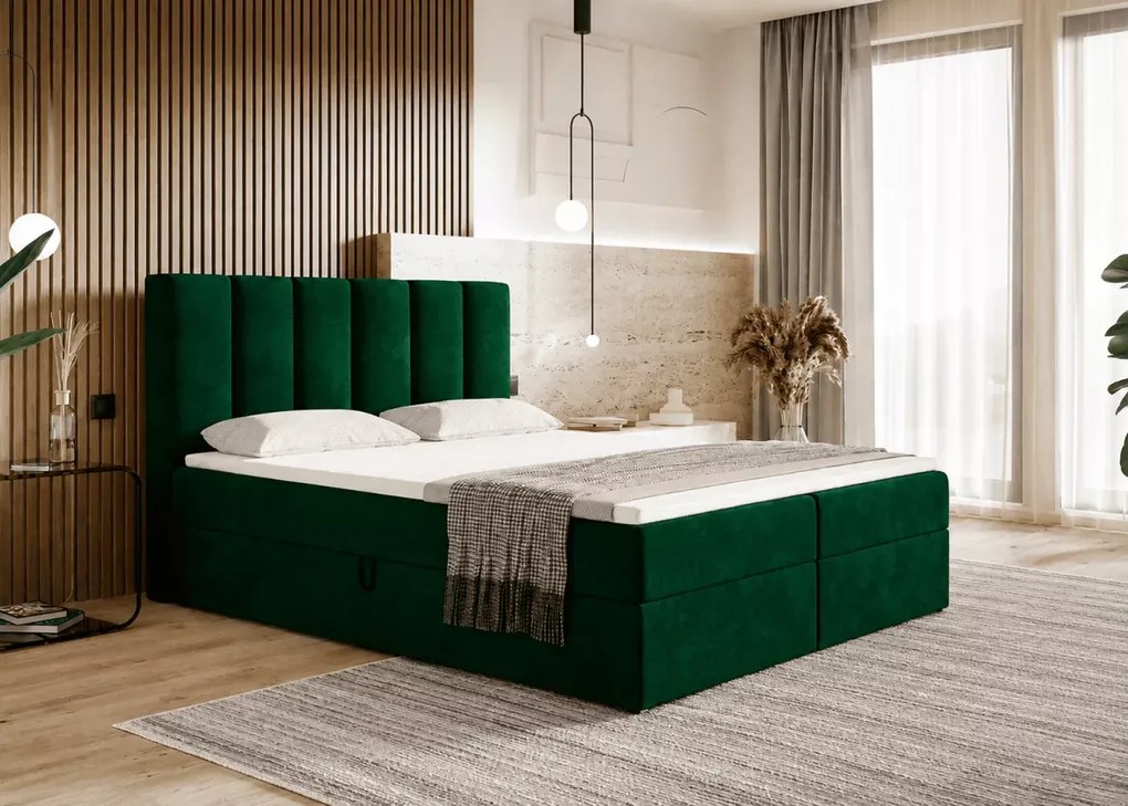 Łóżko kontynentalne Sergio boxspring z materacem bonell i pojemnikami na pościel tapicerowane