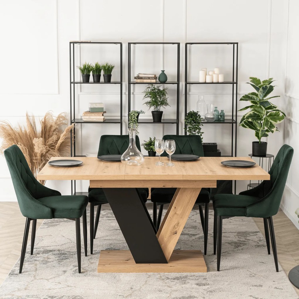 Zestaw Stół Prostokątny Rozkładany CLARK 120-160 cm Dąb Artisan/Czarny i 4 Krzesła Tapicerowane do Jadalni CORK Zielone Welurowe