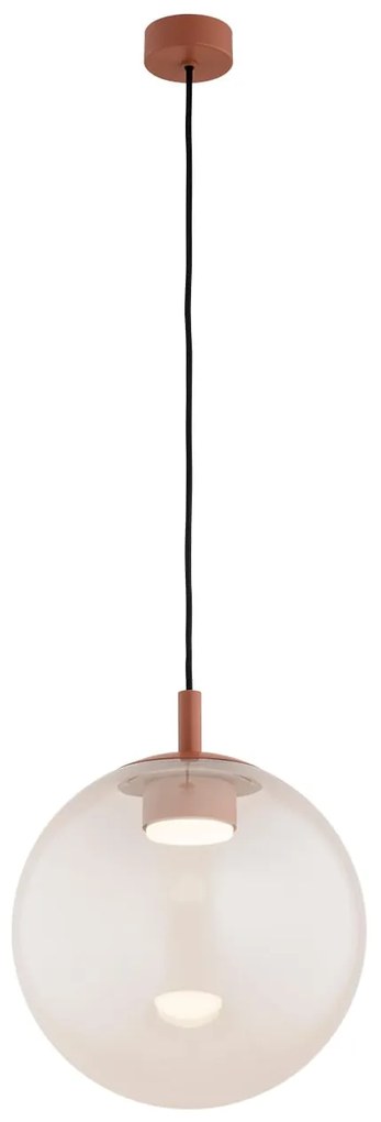 Szklana lampa wisząca Sacramento – różowa opalizowana kula 30 cm z mocowaniem terakotowym