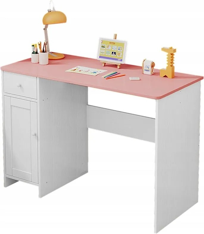 Biurko białe z szufladą szafką dla dziewczyny z różowym blatem loft pojemne