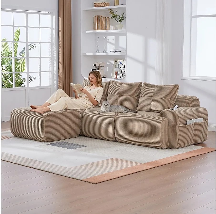 Sofa modułowa 3-osobowa - 268 x 174 x 80 cm - z 1 pufem + uchwytem na kubek + kieszenią do przechowywania - aksamit - khaki