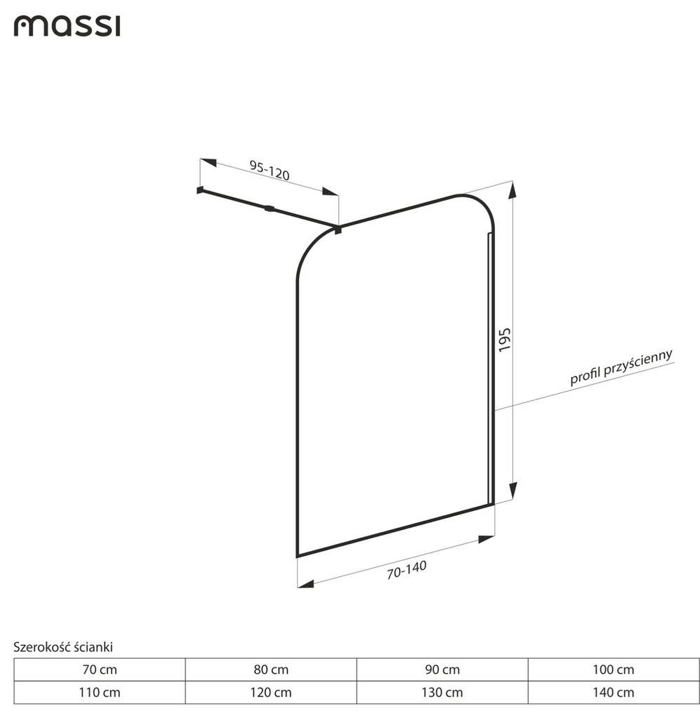 Ścianka prysznicowa WALK IN FIX niebieska 8mm półokrągła WALK IN MOLIS NATURE blue square MASSI | rożne rozmiary : Kolor profili kabiny - czarny, Szerokość ścianki - 70 cm, Typ montażu - WALK in FIX (Do ściany)