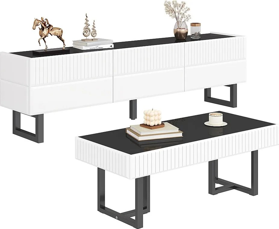 Zestaw mebli do salonu - stolik kawowy + szafka RTV z 3 szufladami - MDF + płyta wiórowa - czarny + biały