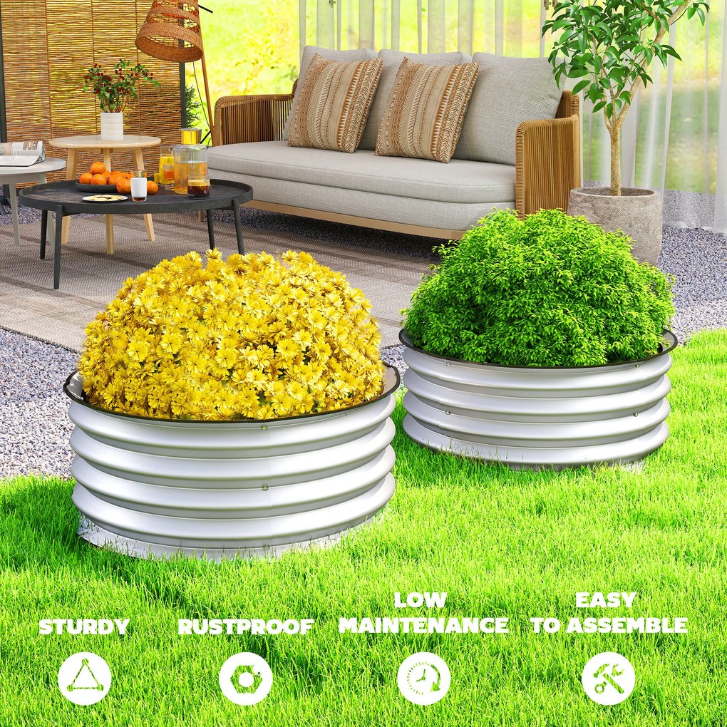 Outsunny Zestaw 2 Wysokich Grządek Ogrodowych, Modularne, 2 Sztuki, Bez Dna, Ø60 x 30 cm. Srebrny