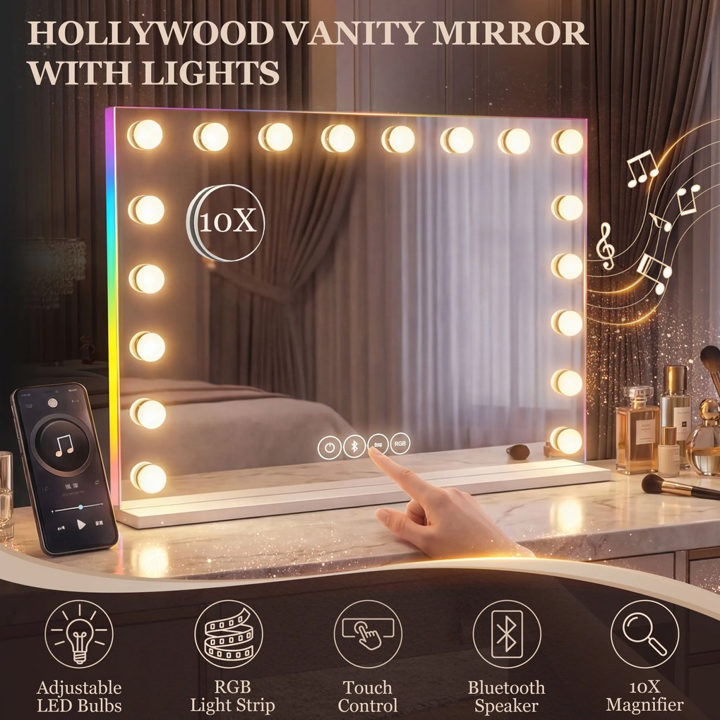 HOMCOM Hollywoodzkie lustro do makijażu z 18 regulowanymi żarówkami LED, 3 kolory, światło RGB, głośnik Bluetooth, 10-krotne powiększenie Białe | Aosom PL
