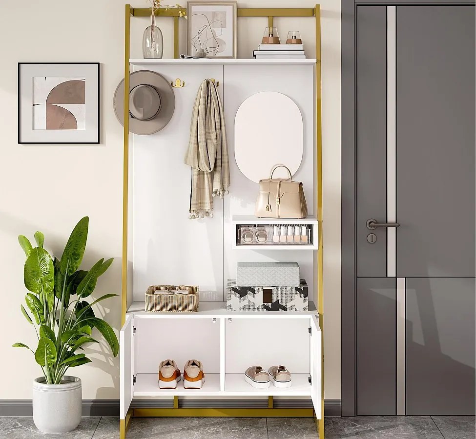 Zestaw na ubrania do przedpokoju 78x38,5x180,5 cm - z lustrem i wieszakami - Szafa na buty - z półkami - Biały