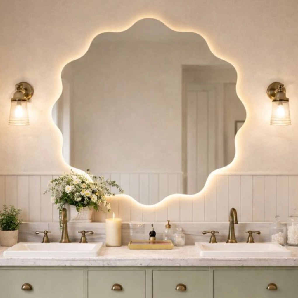 Lustro dekoracyjne o nieregularnym kształcie z podświetleniem  WAVE Simple LED | Różne rozmiary | Różne kolory : Kolor tafli szkła - Srebrny, Średnica - 120 cm