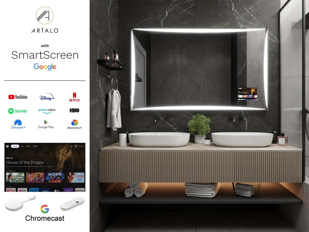 SMART LED lustro do łazienki z oświetleniem M5 premium + SmartScreen with Google Chromecast