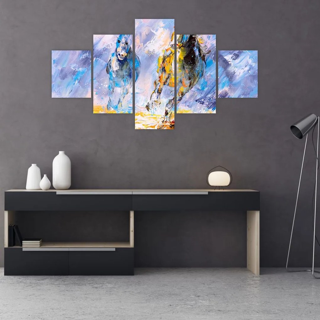 Obraz biegnących koni, obraz olejny (125x70 cm)