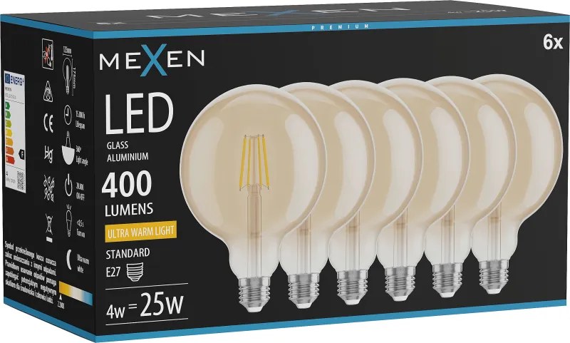 Mexen Vintis 6x żarówka filament LED E27, G125, 4W, Ciepła - 2200K, 400 lm, amber - L158-E27-0422-50x06
