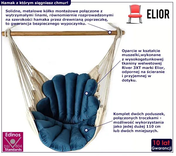 Granatowy fotel wiszący do salonu z poduszką - Dada