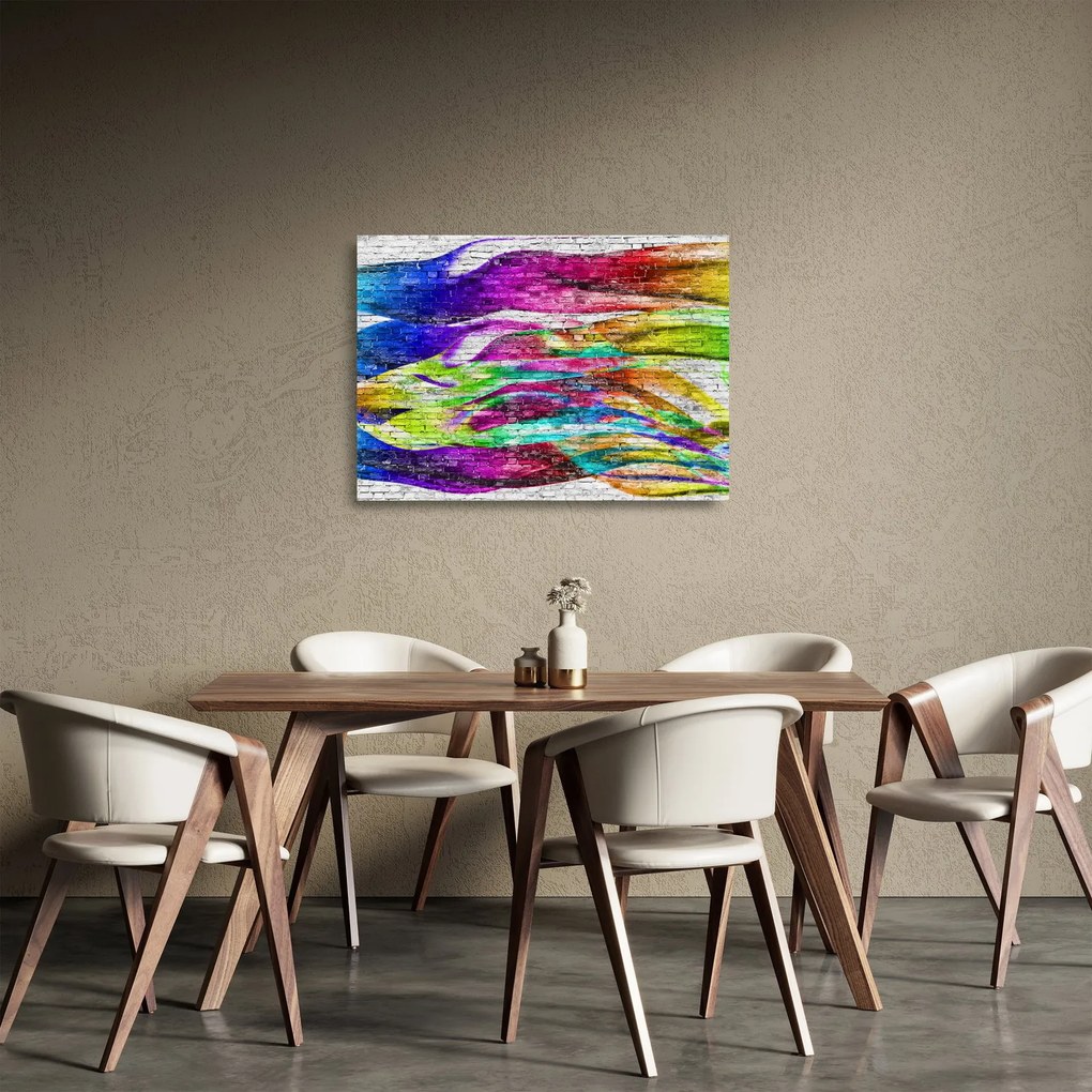 Obraz na szkle - Mur z cegły z kolorowymi płomieniami (70x50 cm)