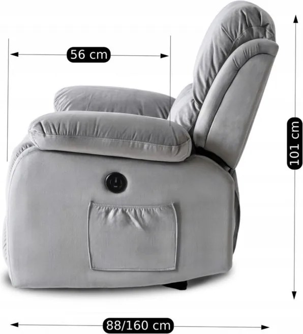 Fotel Masujący ARON Elektryczny Rozkładany z Podnóżkiem Szary Welurowy Nowoczesny