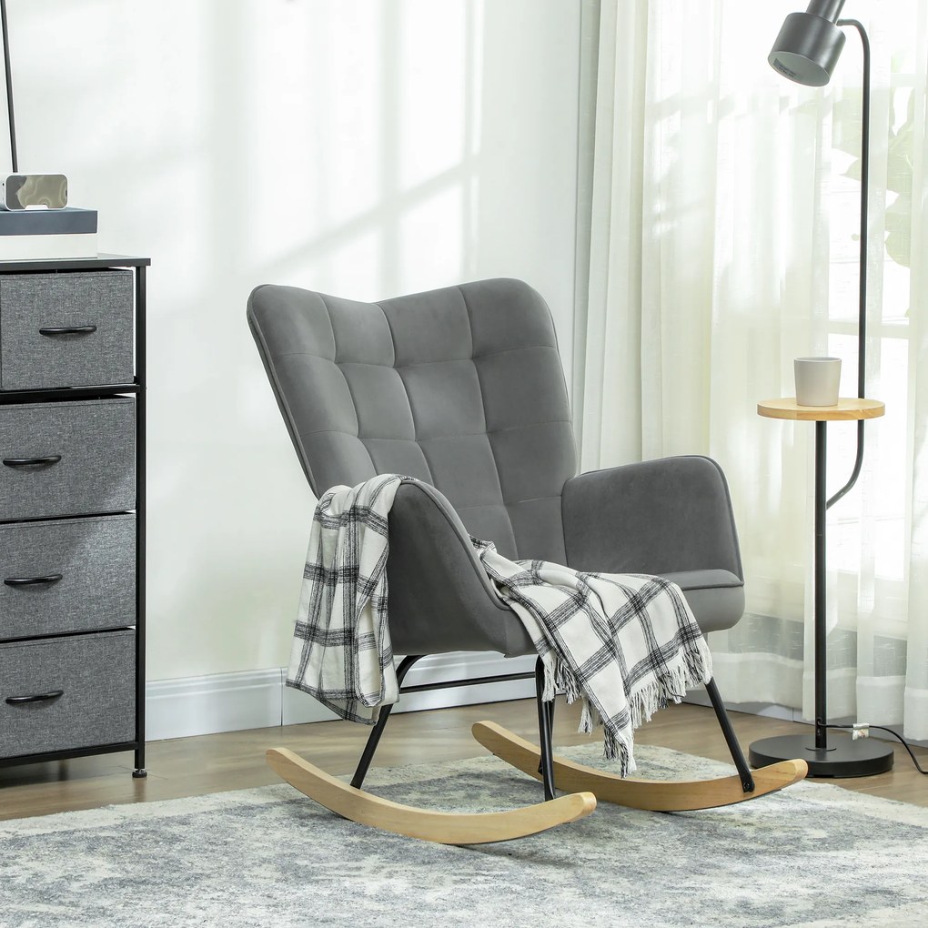 HOMCOM Wintage fotel bujany, zakrzywione płózki, gruba tapicerka, drewno bukowe & stal, ciemnoszary