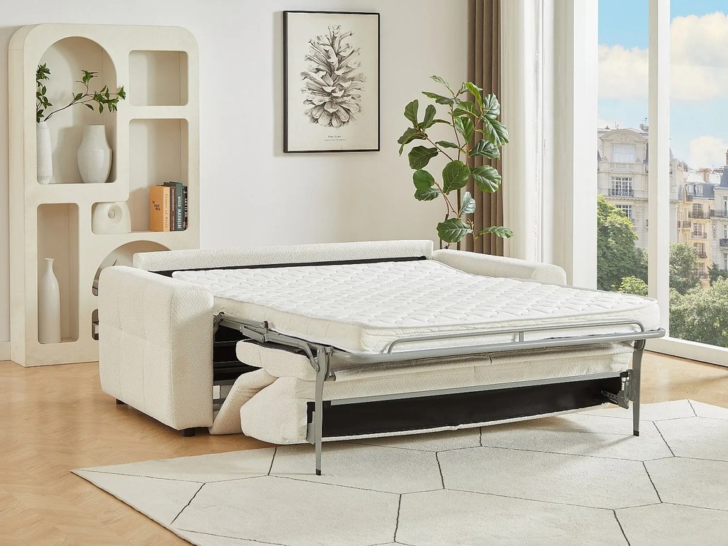 Kanapa  3-osobowa rozkładana z beżowej tkaniny szenilowej ISISTIA