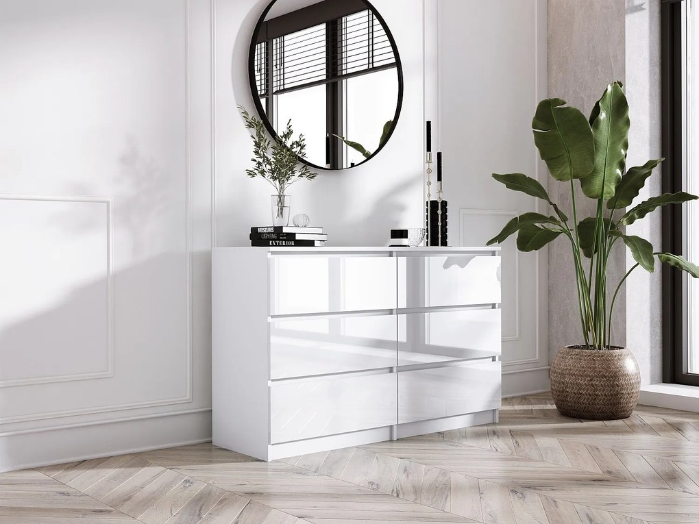 Komoda z 6 szufladami: biała matowa / biała błyszcząca, 120 x 39 x 79 cm