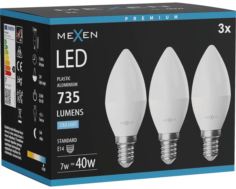 Mexen Nova 3x żarówka LED E14, C37, 7W, Zimna - 6500K, 735 lm - L102-E14-0765-01x03