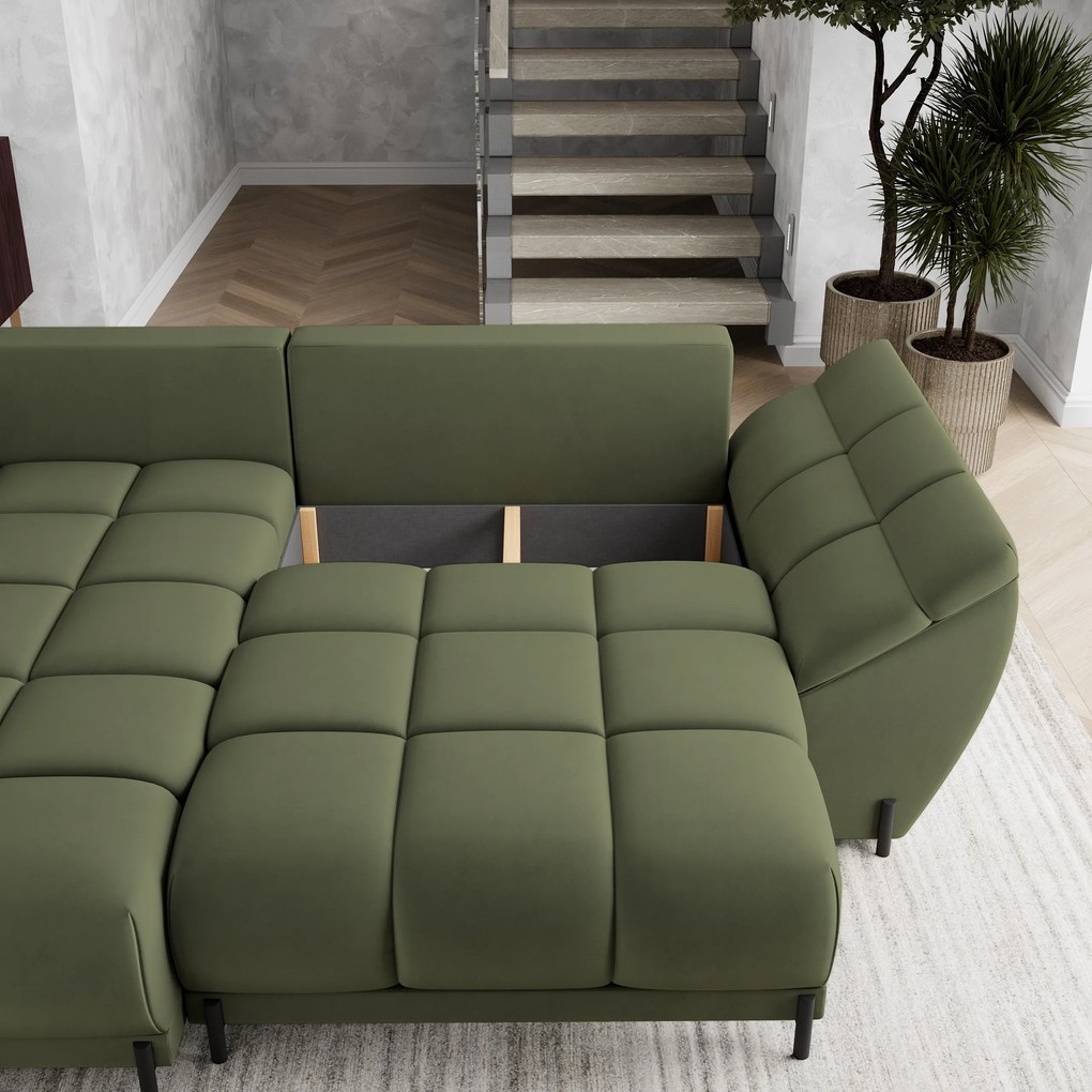Masseno Narożnik VESTANO z funkcją spania i pojemnikiem na pościel Narozniki L, Rozkładana sofa - Zielony, MATT VELVET 38