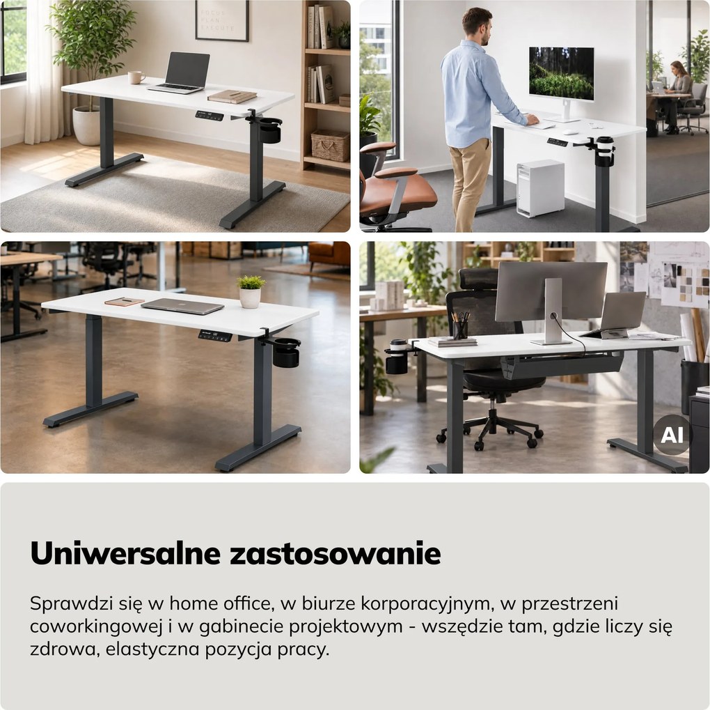 Biurko elektryczne z regulacją wysokości ergonomiczne antracytowo-białe, 1200x600 mm: ARIA
