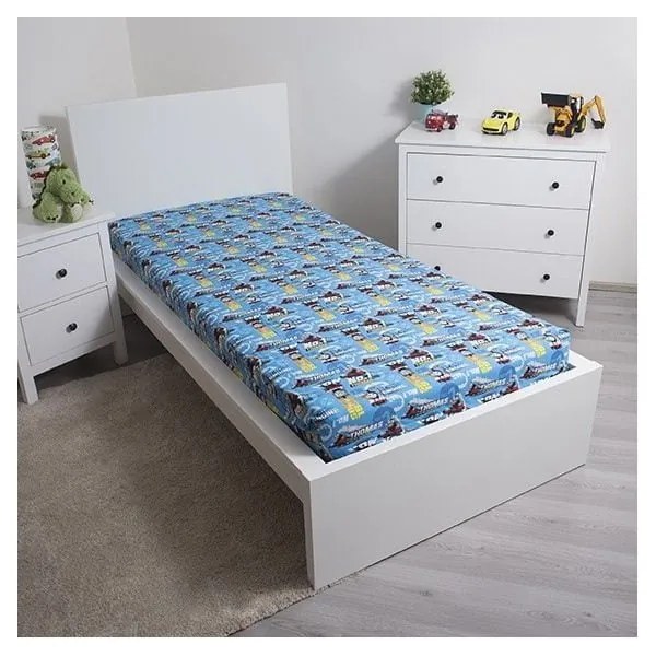 Niebieskie bawełniane prześcieradło dziecięce z gumką 90x200 cm Thomas the Tank Engine – Jerry Fabrics