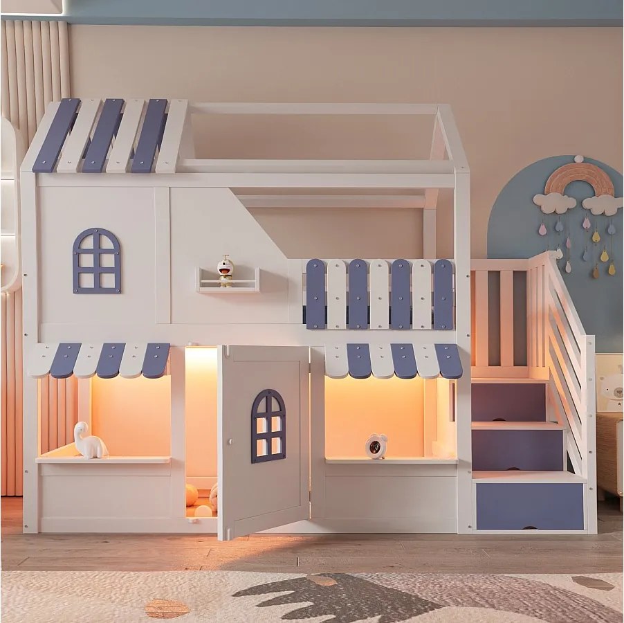 Łóżko piętrowe dla dzieci - 90 x 200 cm - domek z okienkami + drabinka + diody LED + półki - drewno - biały + niebieski