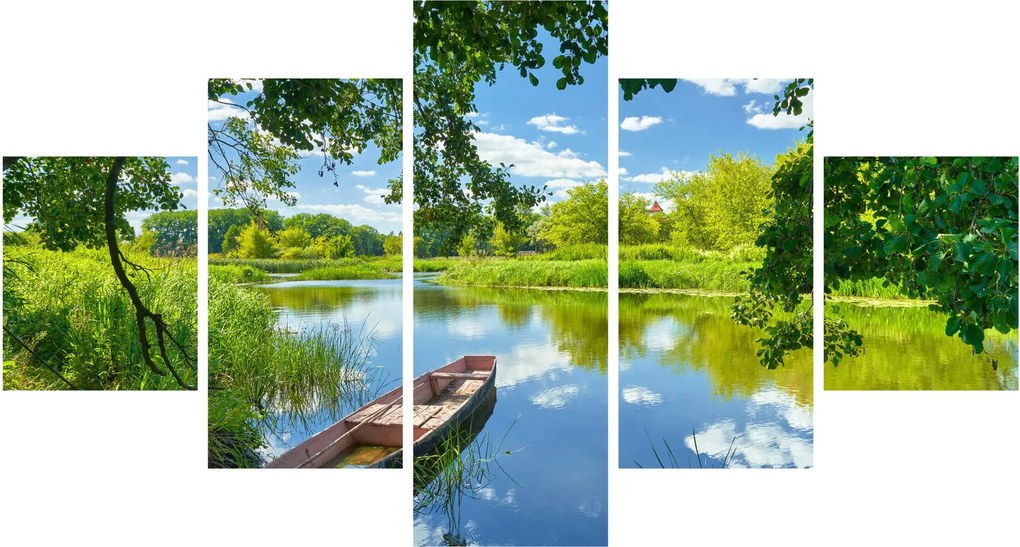 Obraz letniej rzeki z łodzią (125x70 cm)