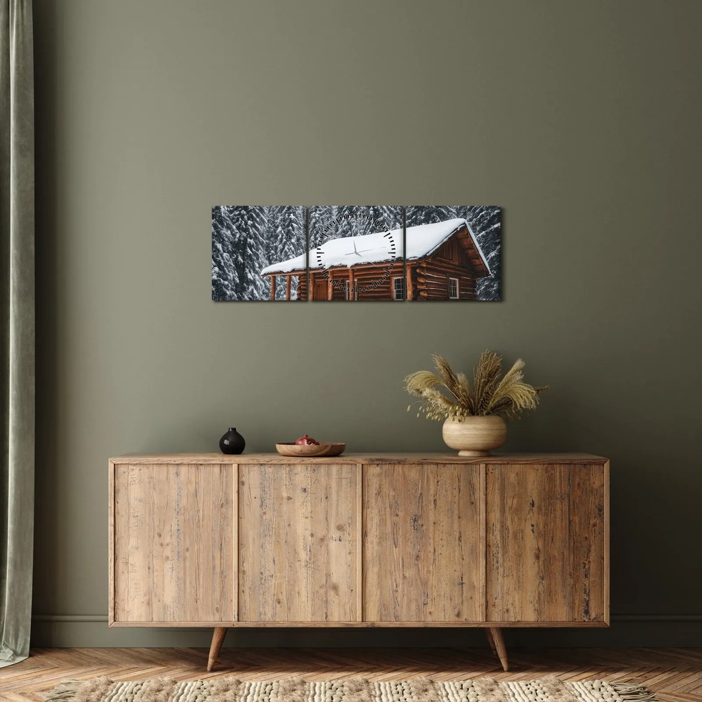 Obraz - Pokryta śniegiem chata (z zegarem) (90x30 cm)