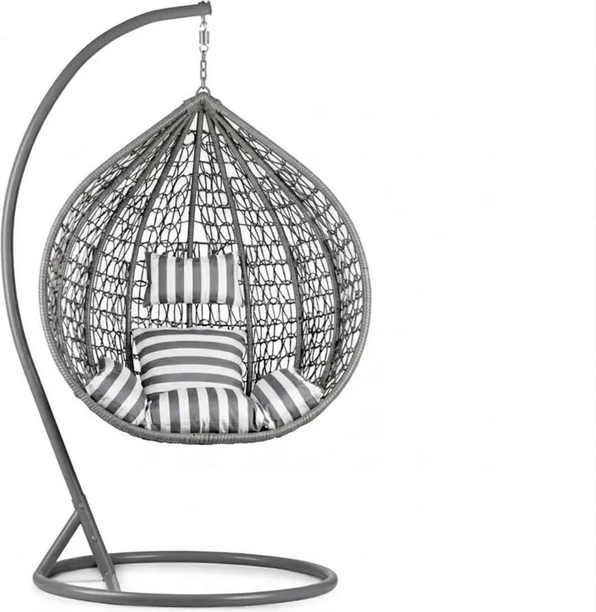 Szare wiszące krzesło KOKON ze stojakiem, biało-szara poduszka