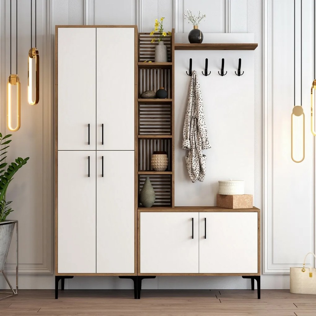 Wieszak z półką na buty, półkami i szafką Viyana Walnut and White