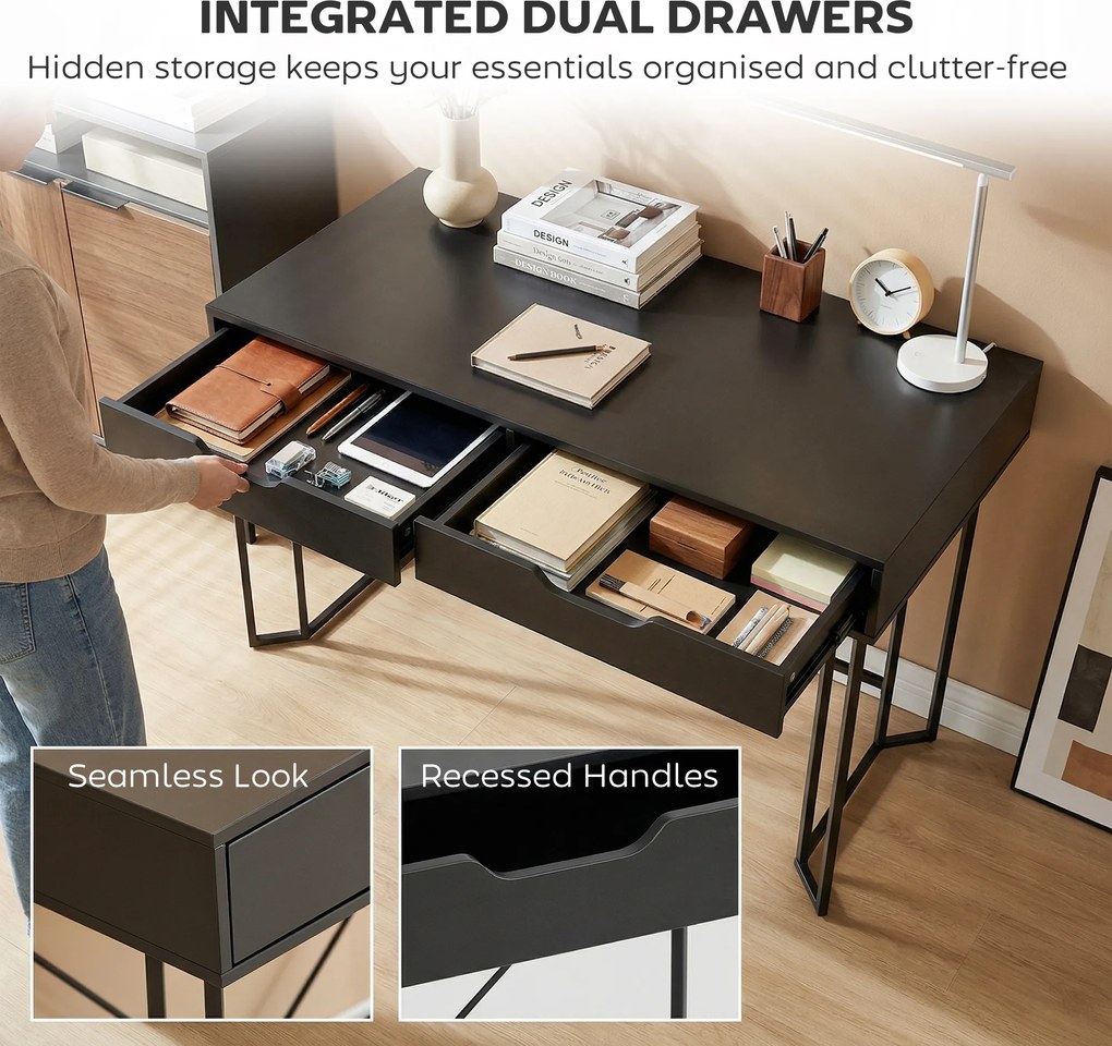HOMCOM Małe Biurko Komputerowe z 2 Szufladami, Duży Blat Roboczy 120 x 60 x 77 cm, Czarny | Aosom PL