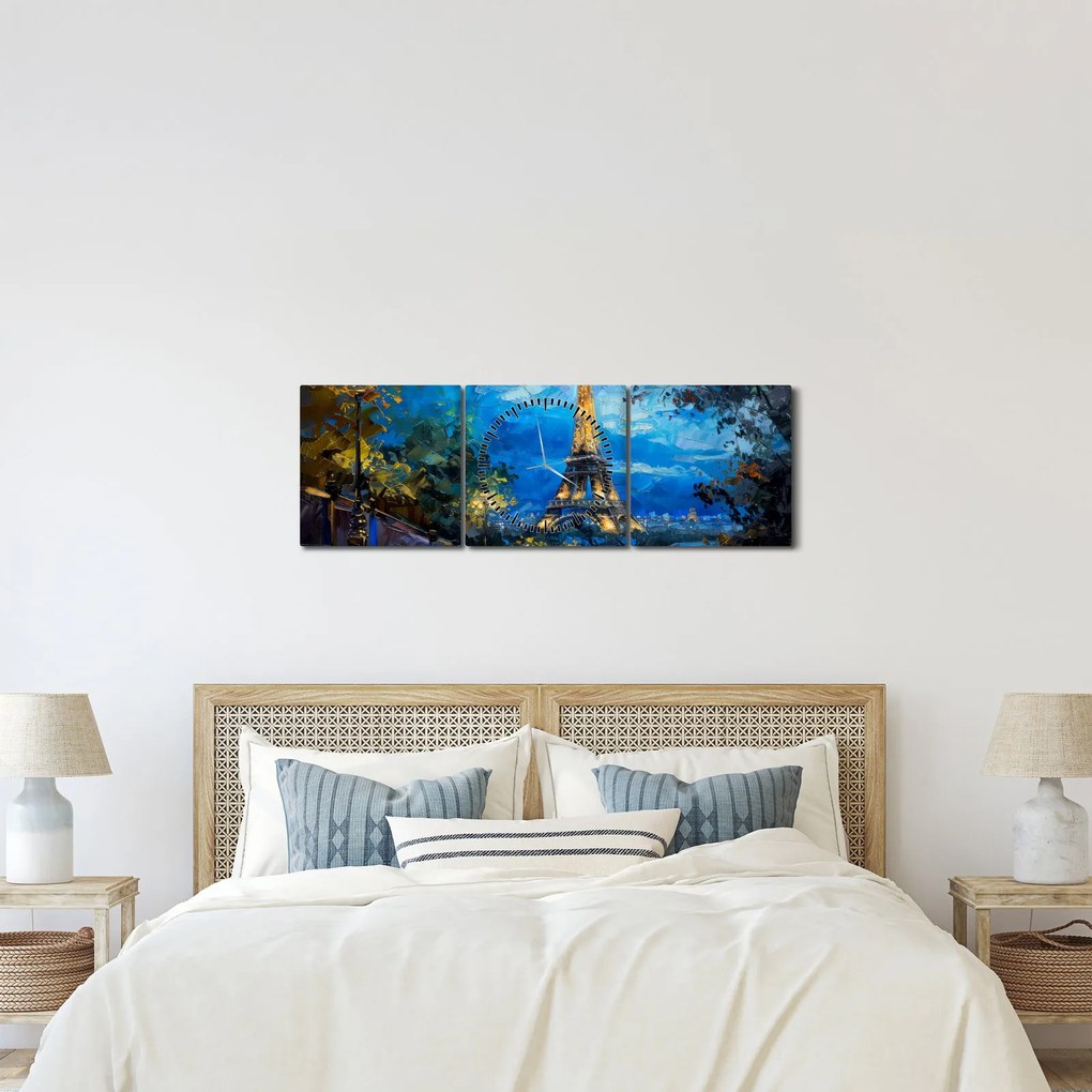 Obraz - Obraz olejny przedstawiający wieżę Eiffla (z zegarem) (90x30 cm)