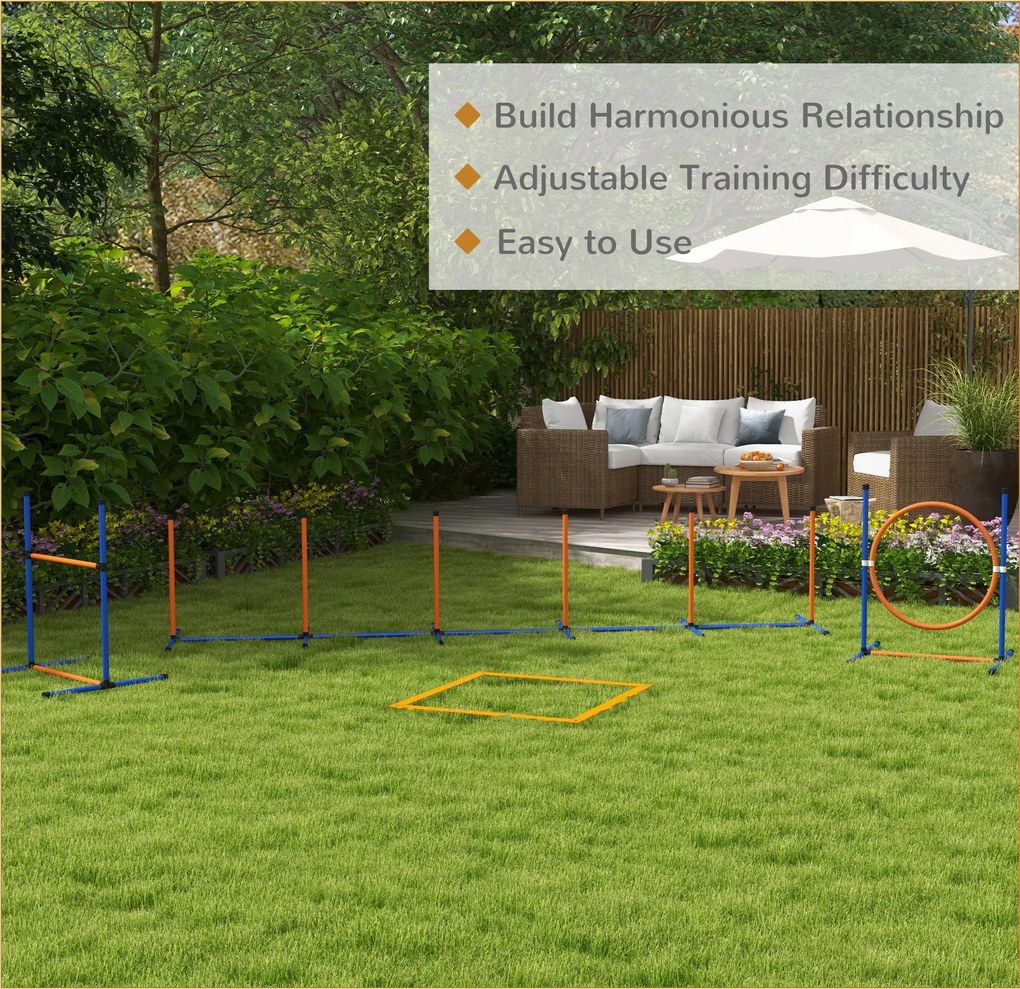 PawHut Zestaw Agility dla Psów, 1 Pierścień, 1 Przeszkoda, 1 Zestaw Slalomowy, 352 cm x 66 cm x 69 cm, Niebieski + Czerwony