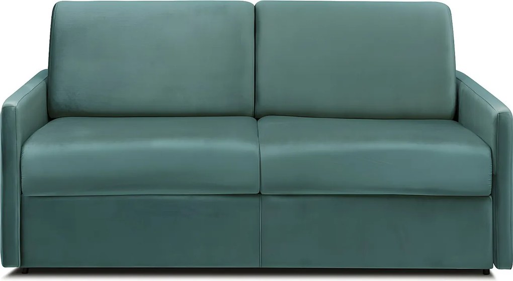 Kanapa 3-osobowa rozkładana typu express z zielonego weluru, z siedziskiem z pianki z pamięcią kształtu - Powierzchnia spania na szerokich listwach 140 cm - Materac 14 cm CALIFE