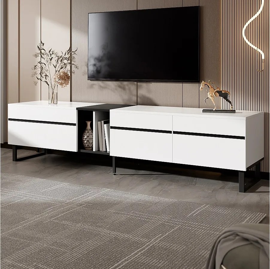 Nowoczesna niska szafka RTV - 180 x 38 x 45 cm - z 3 drzwiami + otwarte półki - płyta wiórowa - biała