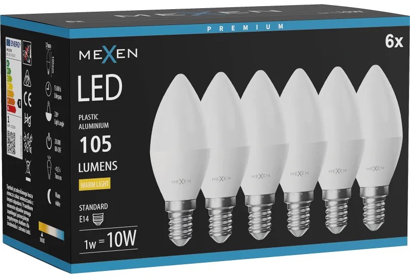 Mexen Nova 6x żarówka LED E14, C37, 1W, Ciepła - 3000K, 105 lm - L102-E14-0130-01x06