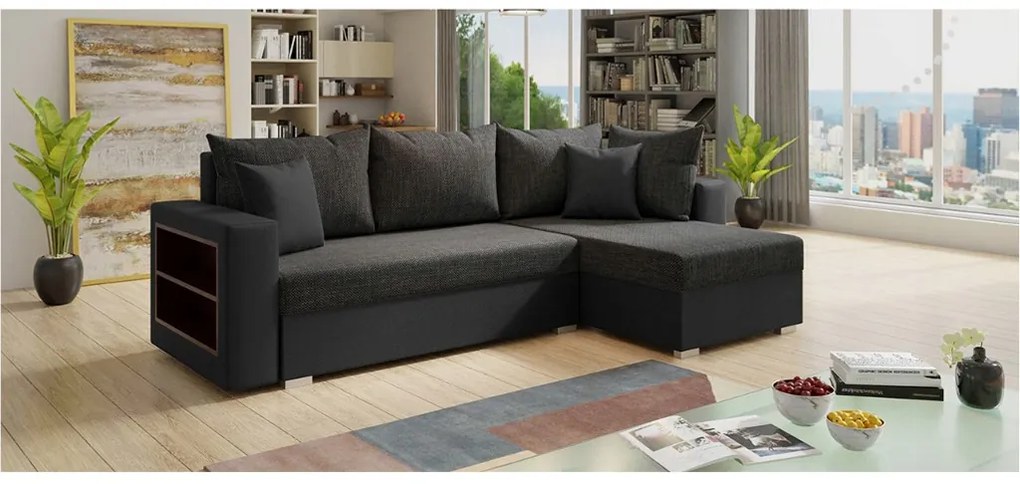 Sofa narożna KONGO, uniwersalny mebel z funkcją spania i praktyczną półką