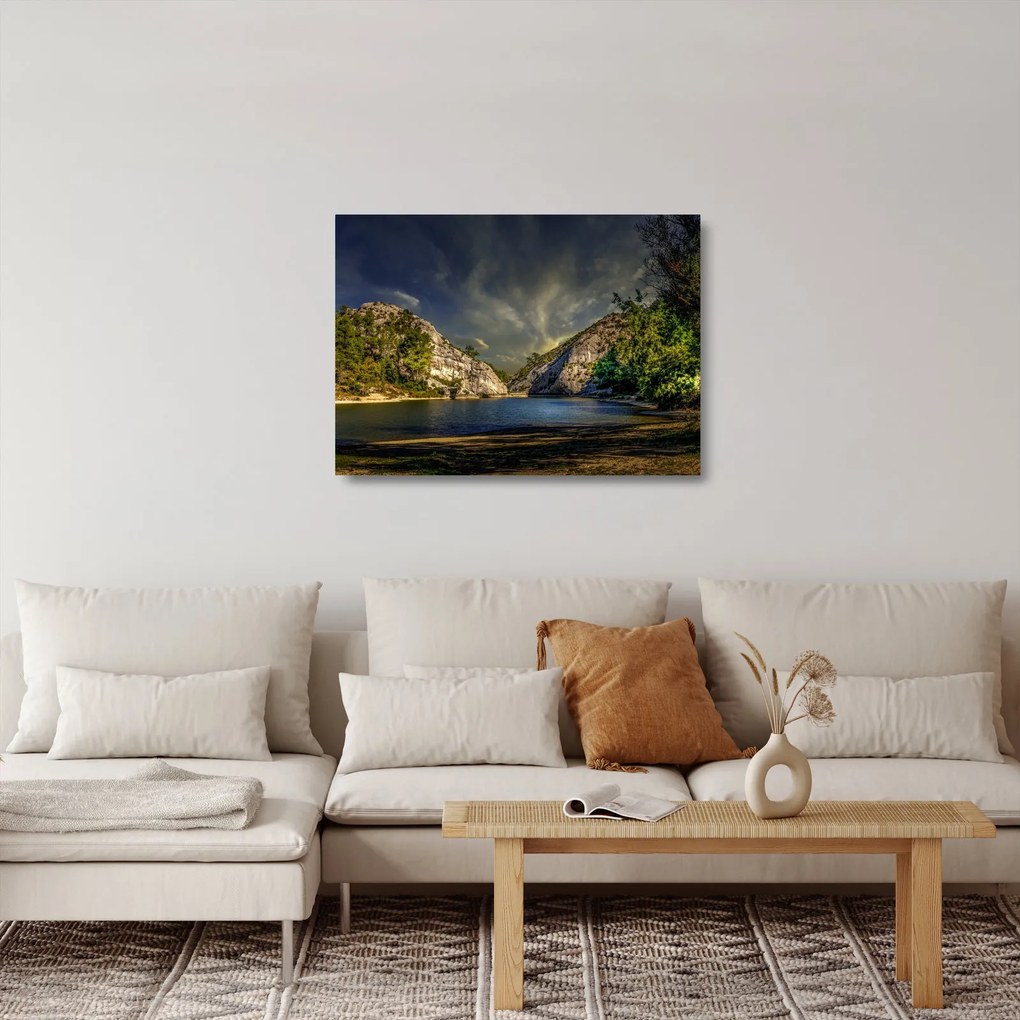 Obraz na szkle - krajobraz z jeziorem (70x50 cm)
