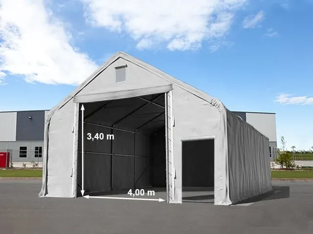TOOLPORT 8x20m Hala namiotowa - 3 m wysokość ścian bocznych z 4x3,4m bramą, PRIMEtex 2300, szary, ze statyką (podłoże betonowe) - (48858)